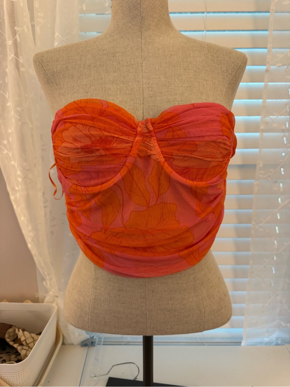 Zara Pink and Orange Floral Strapless Crop Top